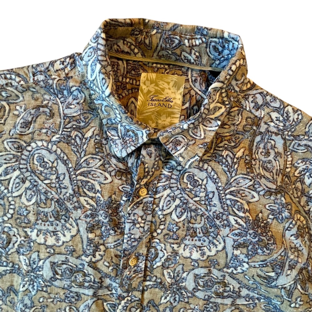 Tasso Elba Island Mens XXL Linen Cotton Reverse Print Paisley Shirt Blue Tan